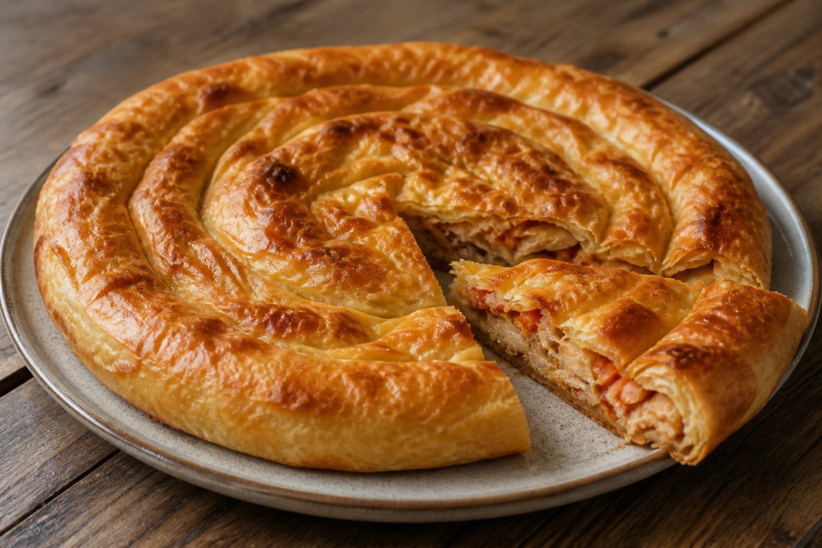 Byrek me peshk dhe domate e servirur në tryezë