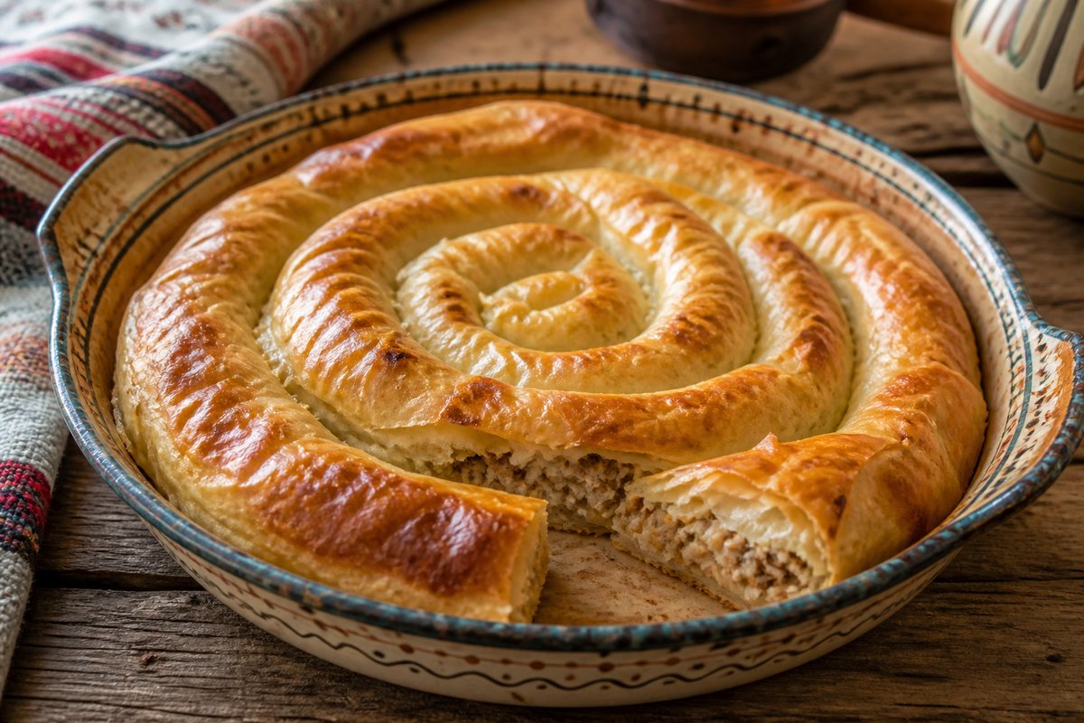 Byrek role me mish pule e servirur në tryezë