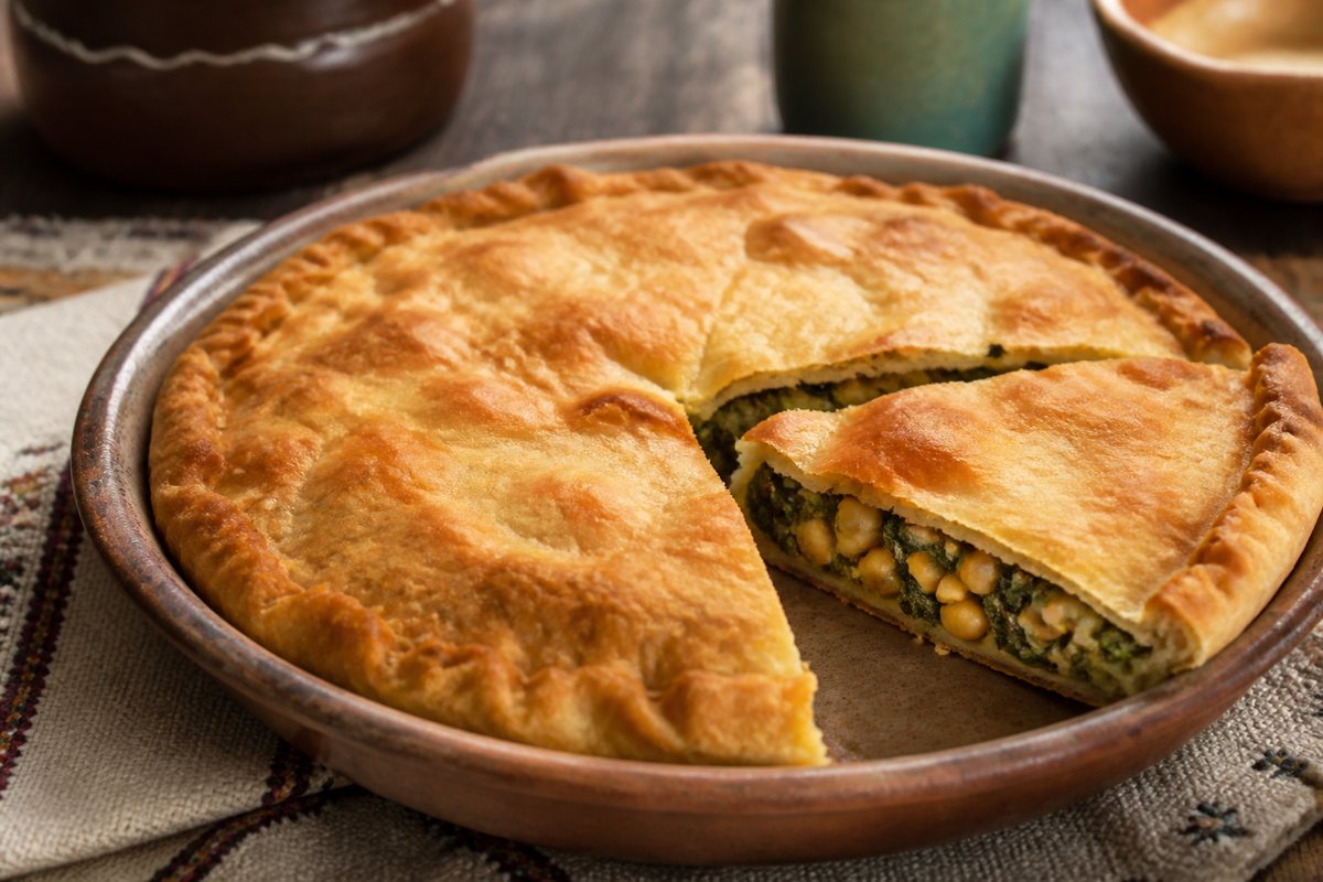 Pite me qiqra dhe spinaq e servirur në tryezë