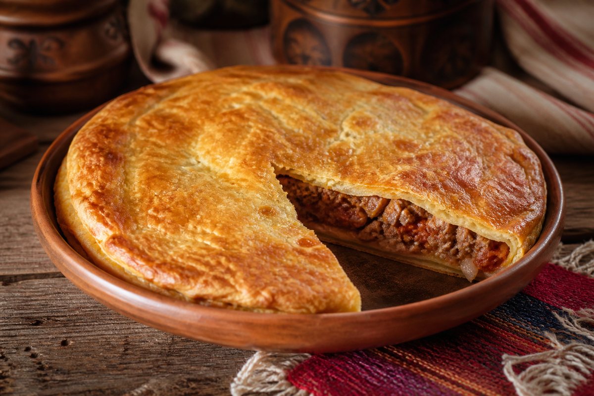 Pite me viç dhe domate e servirur në tryezë