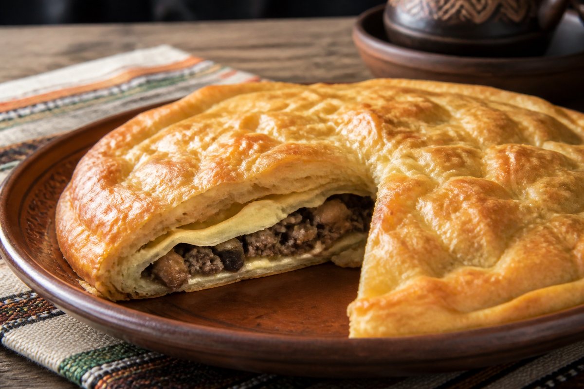 Pite me viç dhe kërpudha e servirur në tryezë