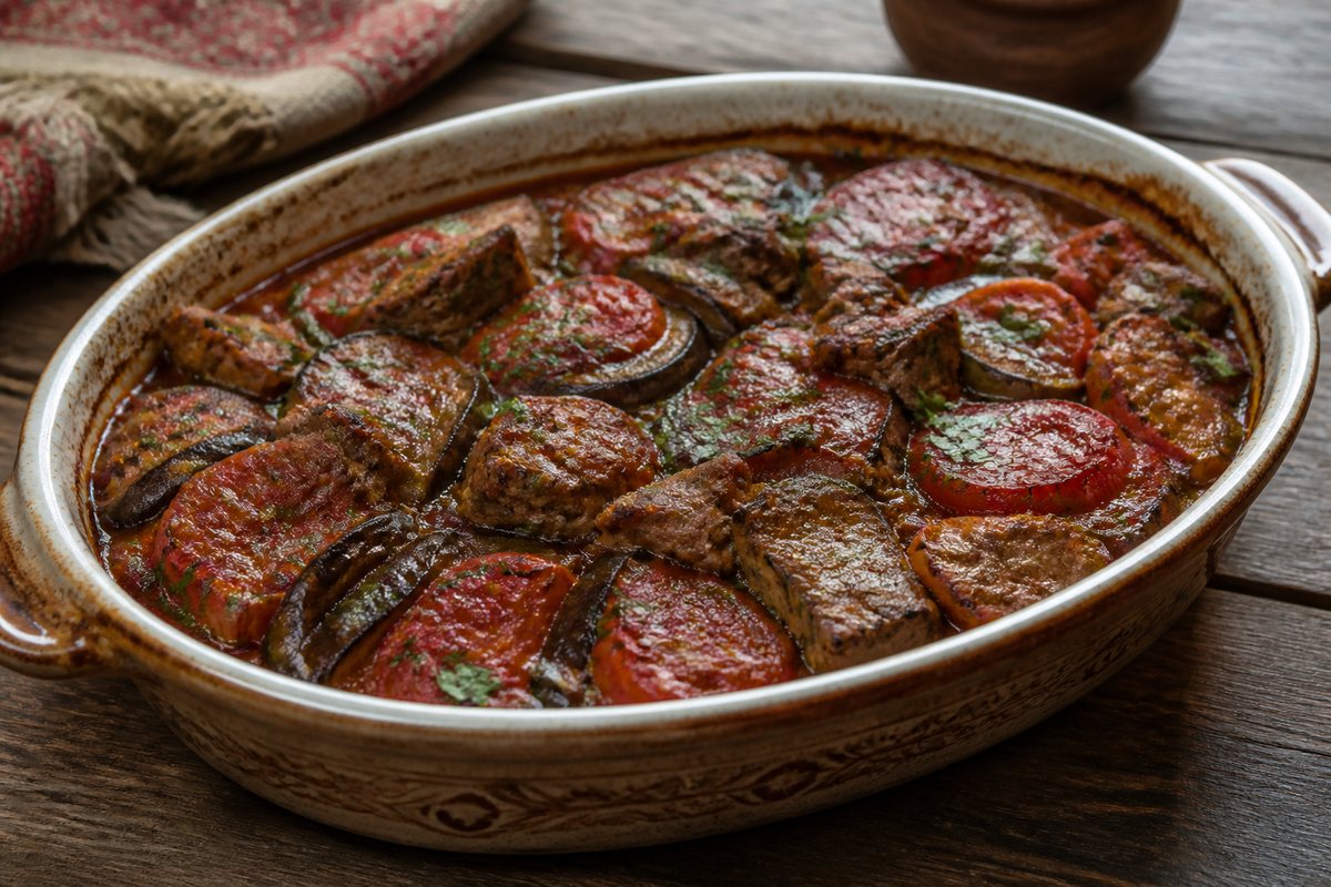 Tavë qengji me patëllxhan e servirur në tryezë