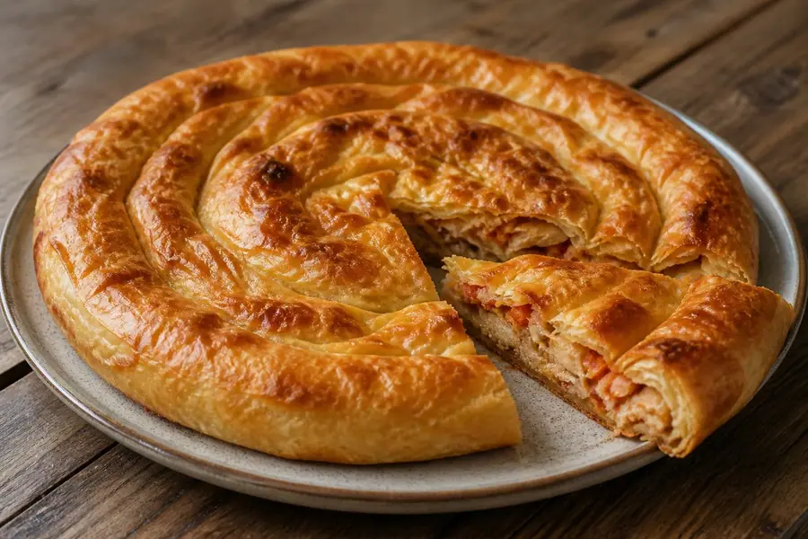 Byrek me peshk dhe domate e servirur në tryezë