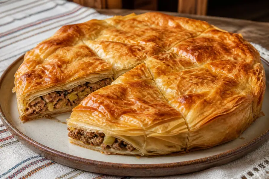 Byrek me qengj dhe presh e servirur në tryezë