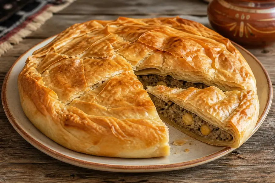 Byrek me qengj dhe qiqra e servirur në tryezë