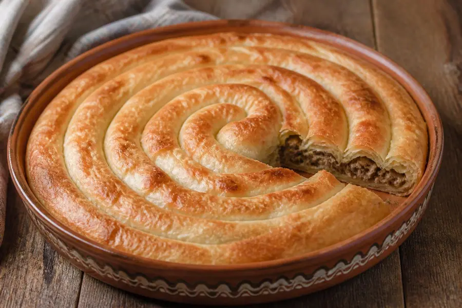 Byrek role me mish viçi e servirur në tryezë