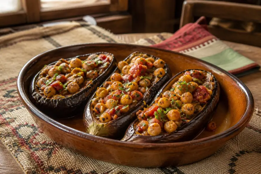 Patëllxhanë të mbushur me qiqra e servirur në tryezë