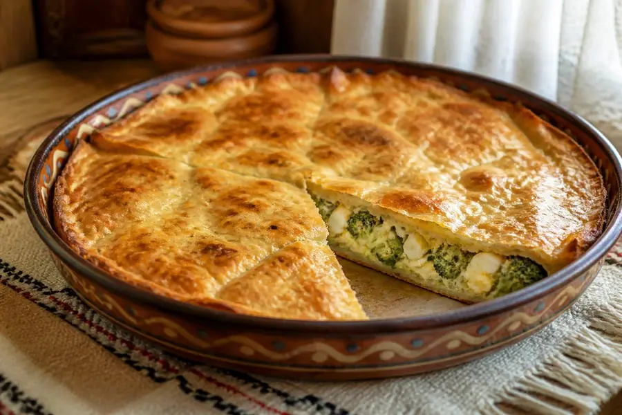 Pite me brokoli dhe vezë e servirur në tryezë