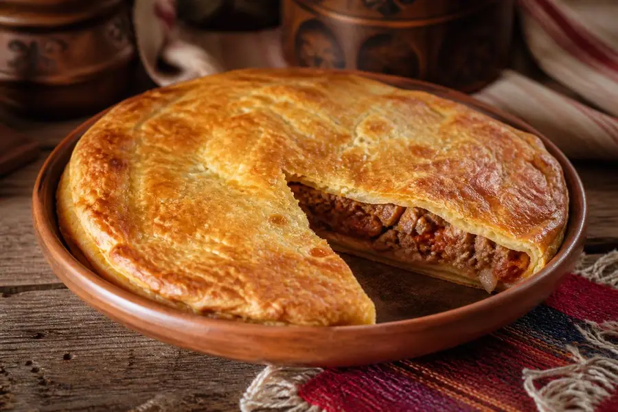 Pite me viç dhe domate e servirur në tryezë
