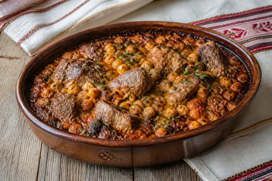 Tavë qengji me qiqra e servirur në tryezë